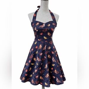 Topdress Navy Bird Print Halter Fit & Flare Dress Lace Up Back Corset Size L